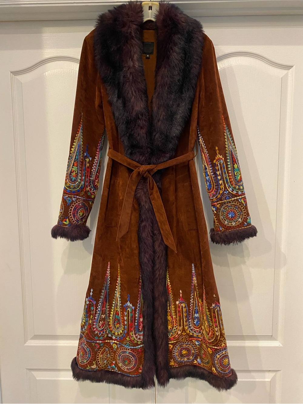 Vintage Anna Sui Brown Suede Embroidered coat with Dark Purple Fur Trim